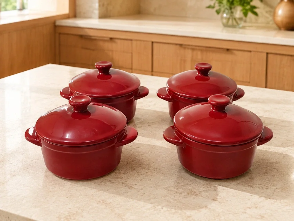 Lot 4 x Denmark Tools For Cooks Red Mini Cocottes Ramekins with Lids Modernist